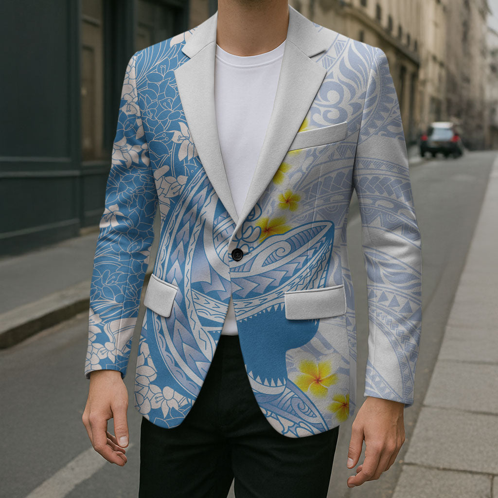 Blue Hawaii Shark Tattoo Blazer Puakenikeni Lei Plumeria Polynesian Pattern LT14 - Polynesian Pride