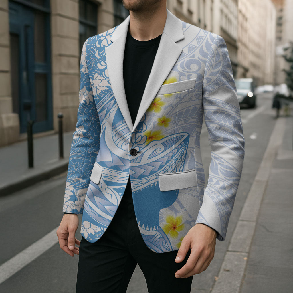 Blue Hawaii Shark Tattoo Blazer Puakenikeni Lei Plumeria Polynesian Pattern LT14 - Polynesian Pride