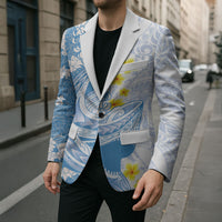 Blue Hawaii Shark Tattoo Blazer Puakenikeni Lei Plumeria Polynesian Pattern LT14 - Polynesian Pride