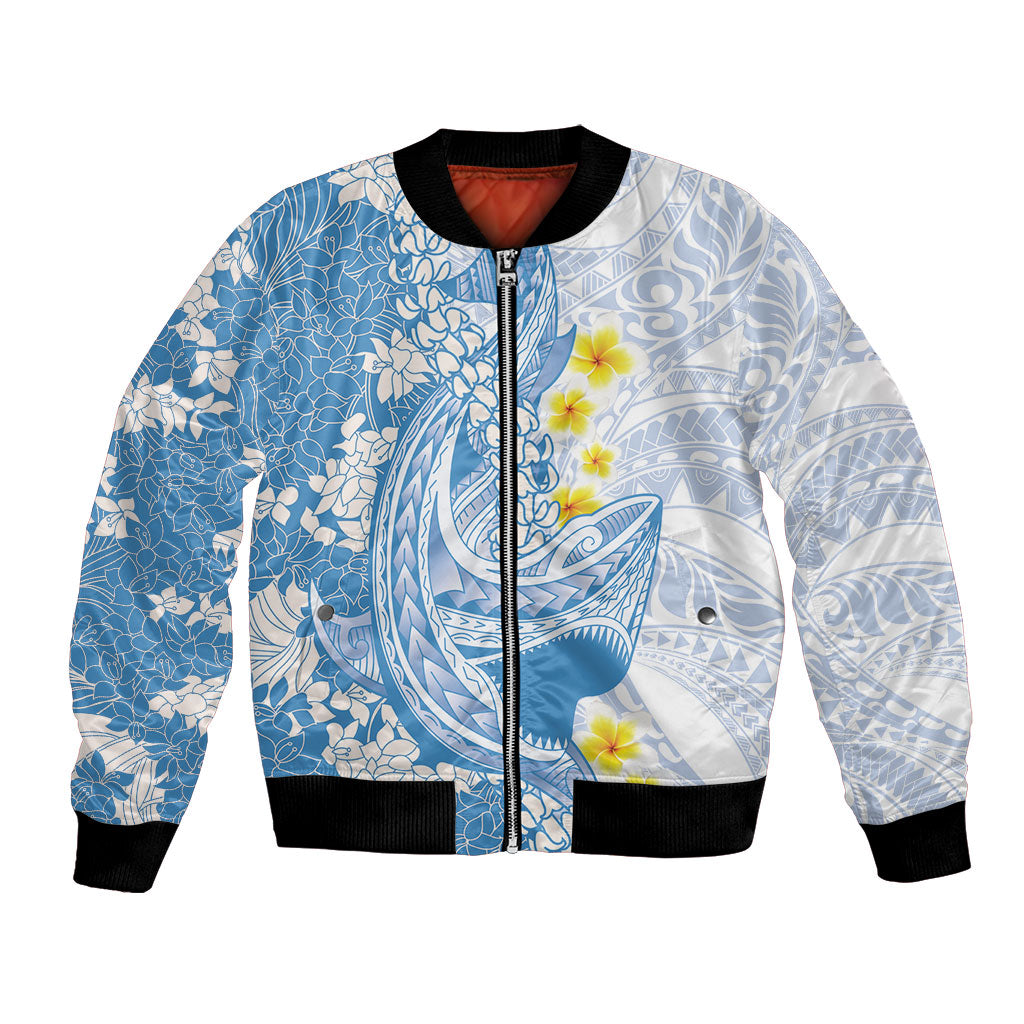 Blue Hawaii Shark Tattoo Bomber Jacket Puakenikeni Lei Plumeria Polynesian Pattern LT14 Unisex Blue - Polynesian Pride