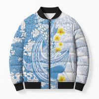 Blue Hawaii Shark Tattoo Bomber Puffer Jacket Puakenikeni Lei Plumeria Polynesian Pattern