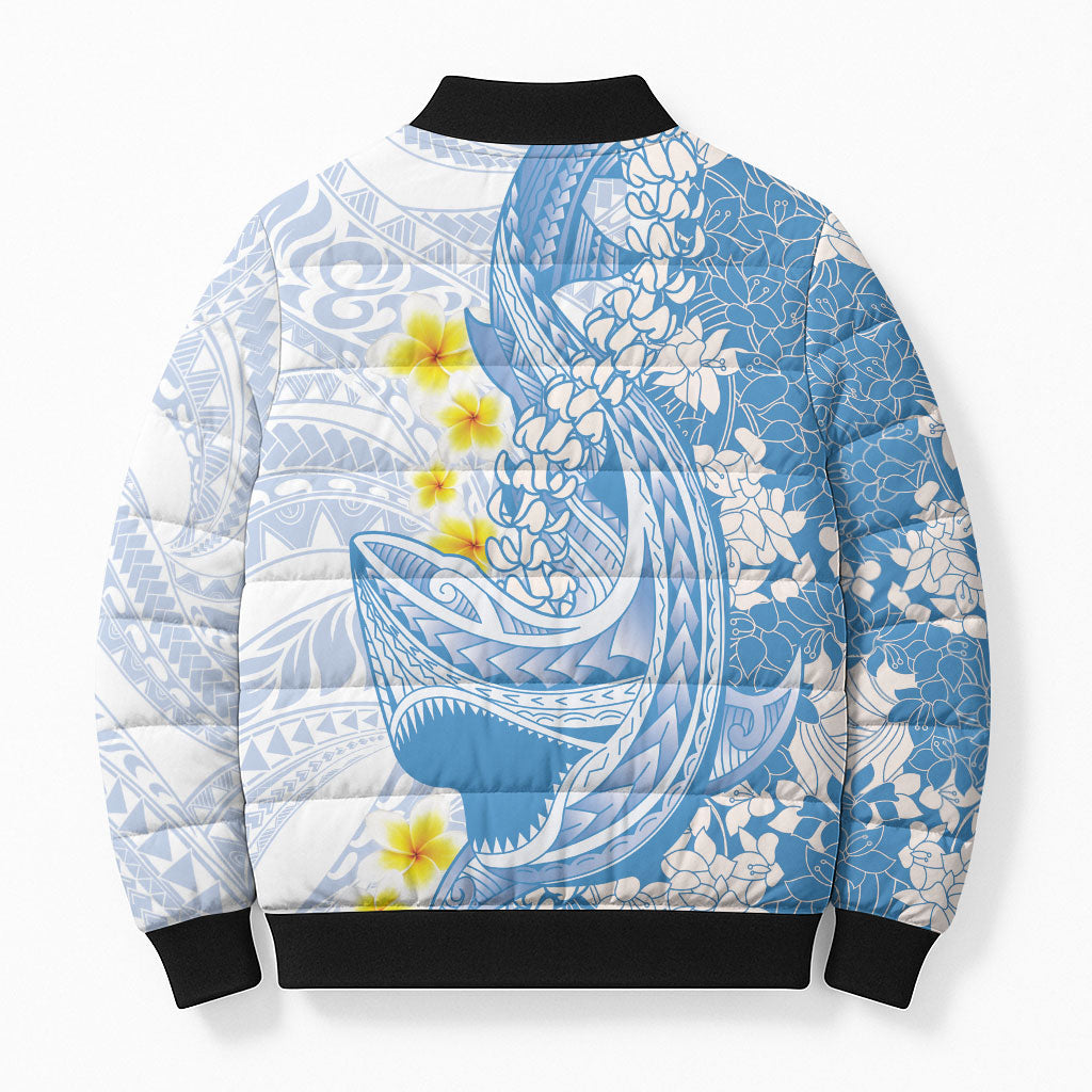 Blue Hawaii Shark Tattoo Bomber Puffer Jacket Puakenikeni Lei Plumeria Polynesian Pattern
