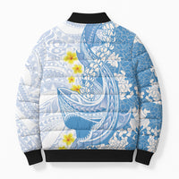 Blue Hawaii Shark Tattoo Bomber Puffer Jacket Puakenikeni Lei Plumeria Polynesian Pattern