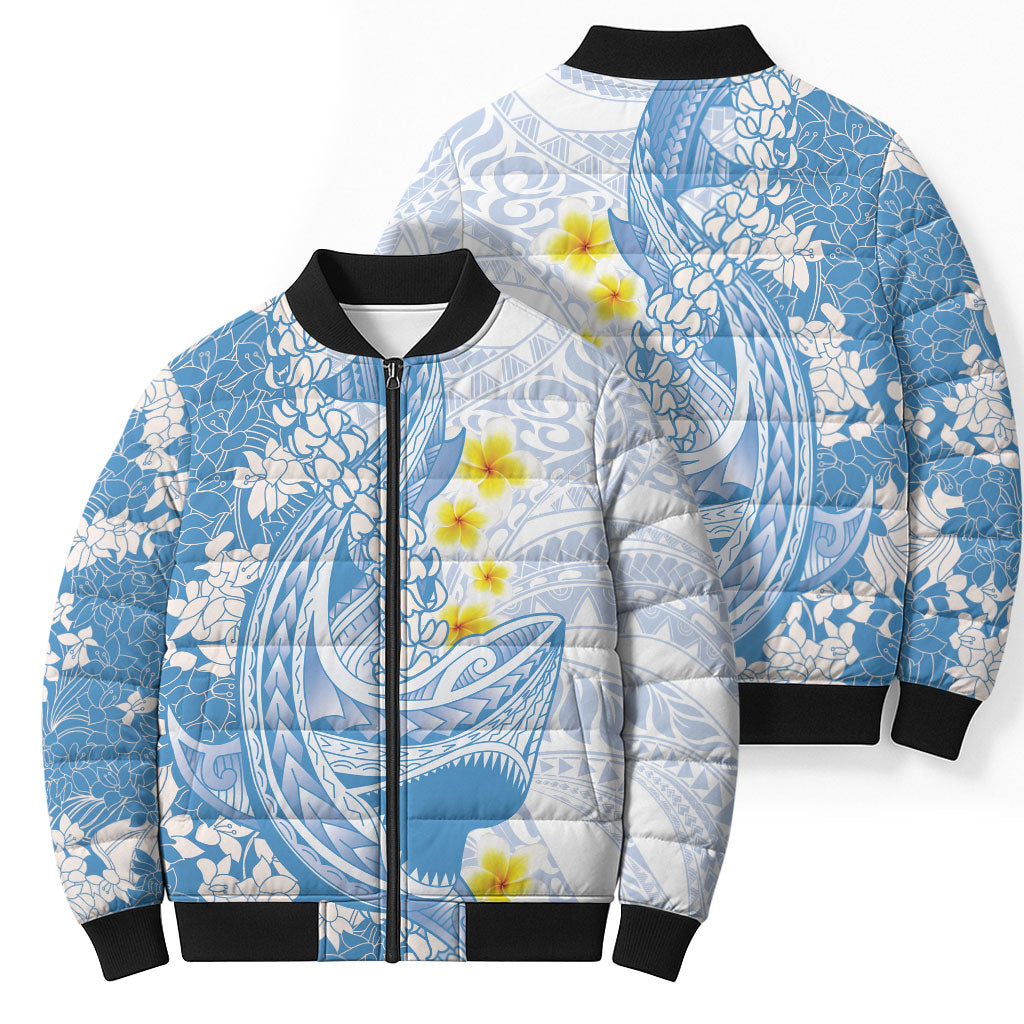 Blue Hawaii Shark Tattoo Bomber Puffer Jacket Puakenikeni Lei Plumeria Polynesian Pattern