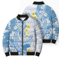 Blue Hawaii Shark Tattoo Bomber Puffer Jacket Puakenikeni Lei Plumeria Polynesian Pattern