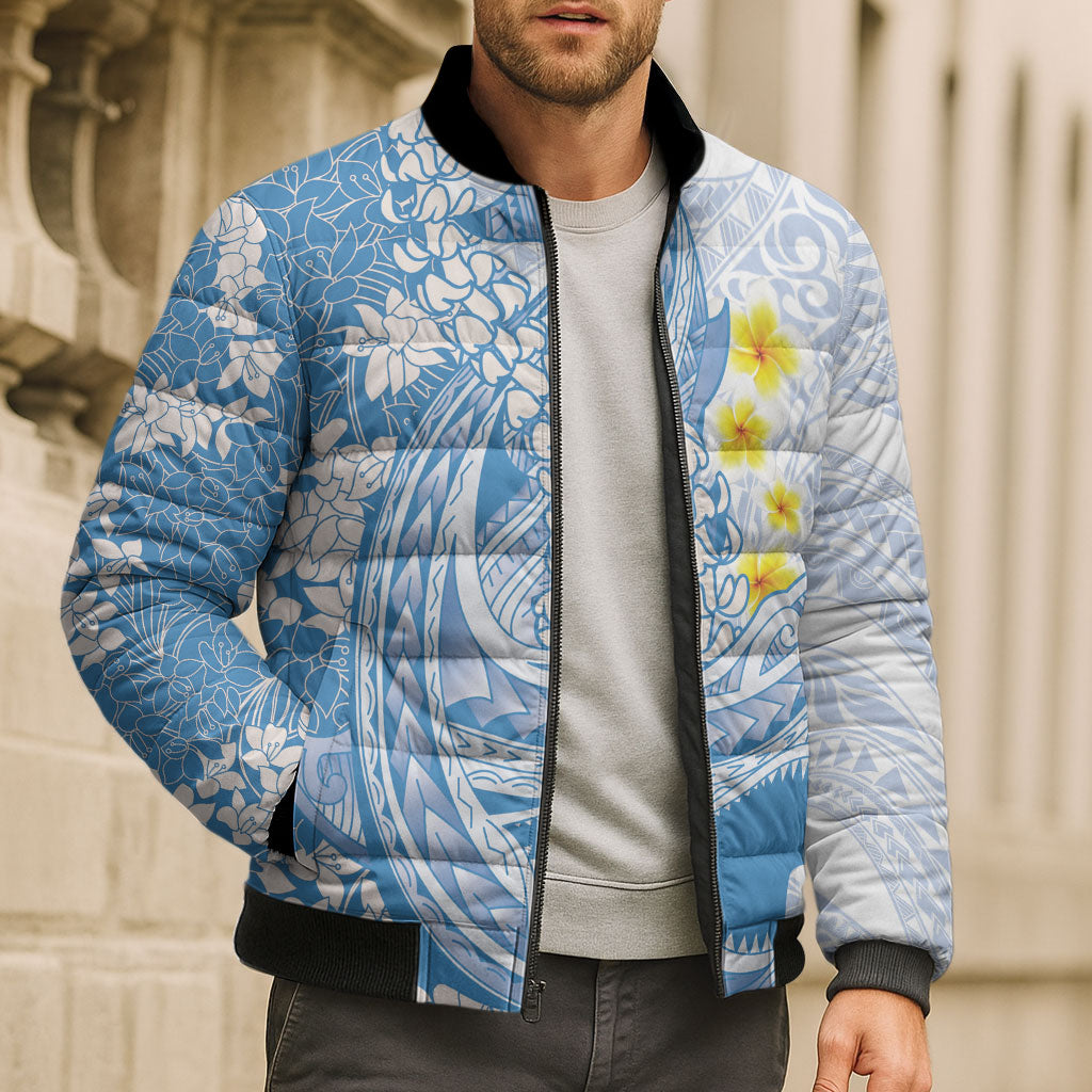 Blue Hawaii Shark Tattoo Bomber Puffer Jacket Puakenikeni Lei Plumeria Polynesian Pattern