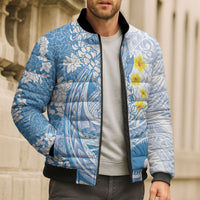 Blue Hawaii Shark Tattoo Bomber Puffer Jacket Puakenikeni Lei Plumeria Polynesian Pattern