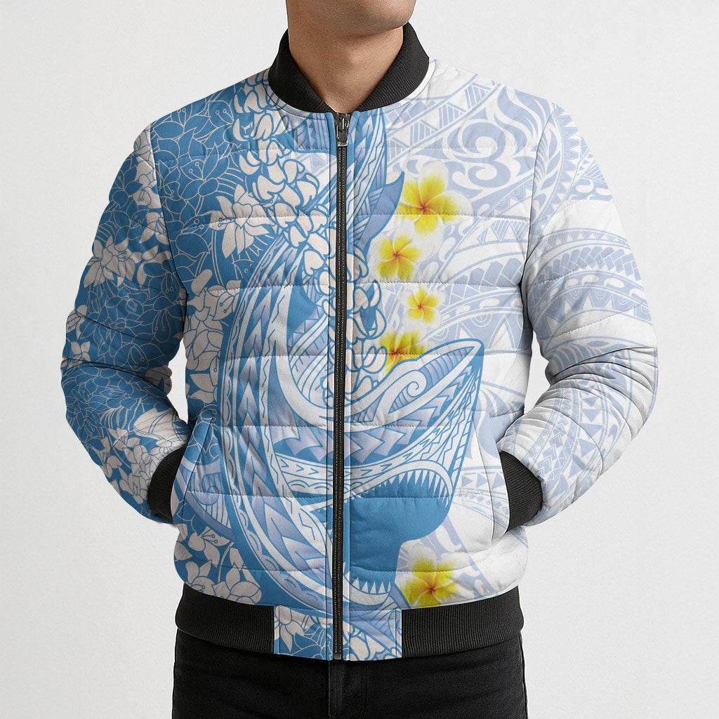 Blue Hawaii Shark Tattoo Bomber Puffer Jacket Puakenikeni Lei Plumeria Polynesian Pattern