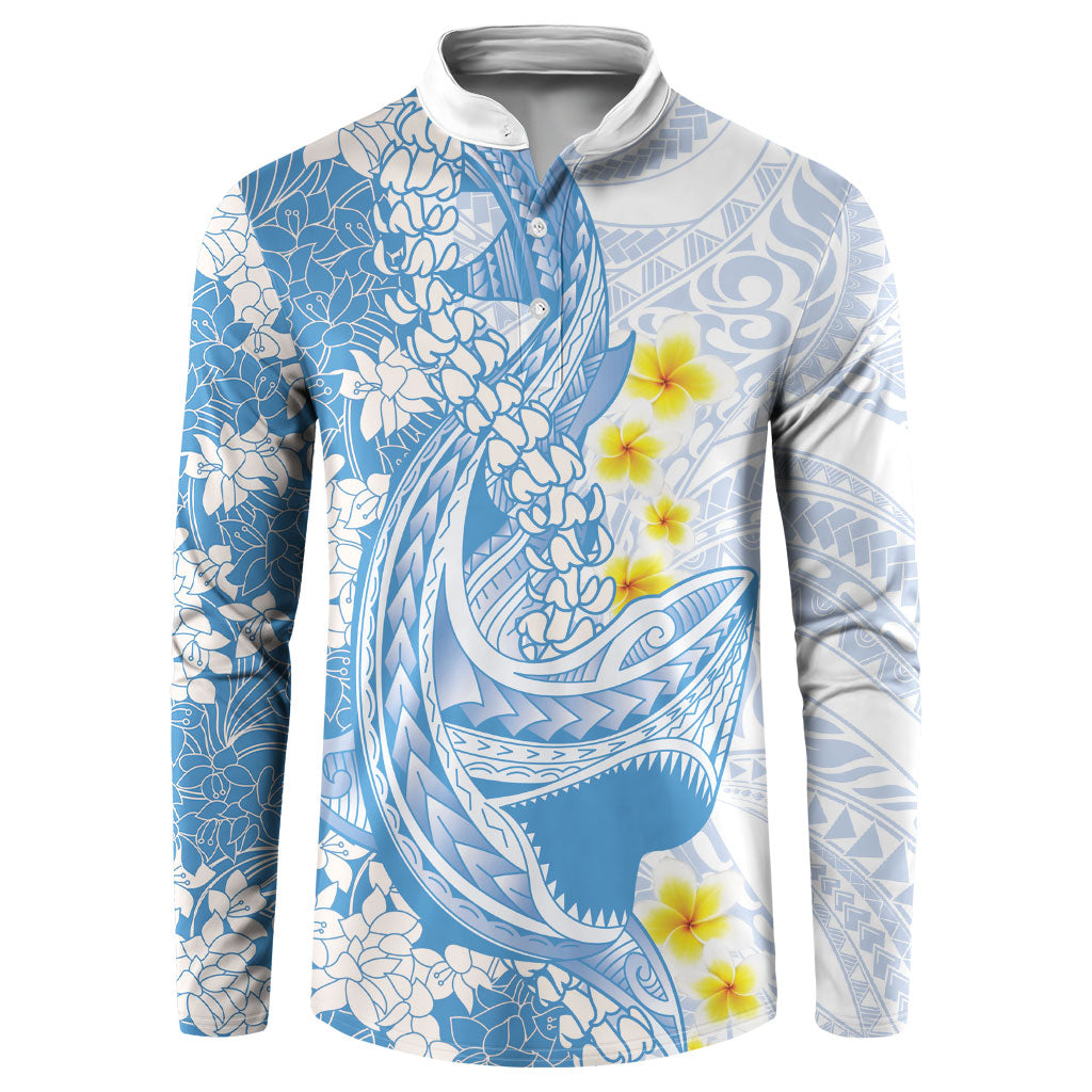 Blue Hawaii Shark Tattoo Button Sweatshirt Puakenikeni Lei Plumeria Polynesian Pattern