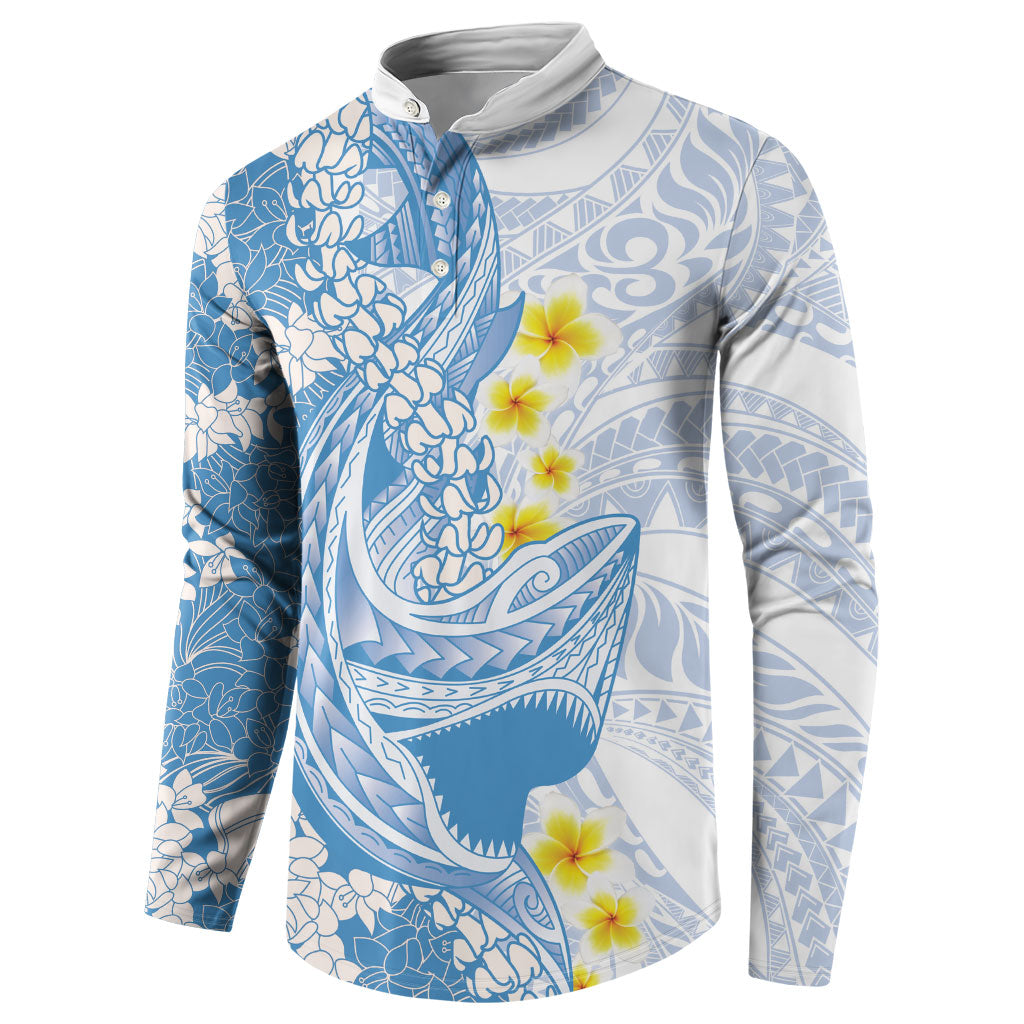 Blue Hawaii Shark Tattoo Button Sweatshirt Puakenikeni Lei Plumeria Polynesian Pattern