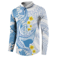 Blue Hawaii Shark Tattoo Button Sweatshirt Puakenikeni Lei Plumeria Polynesian Pattern