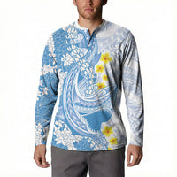 Blue Hawaii Shark Tattoo Button Sweatshirt Puakenikeni Lei Plumeria Polynesian Pattern