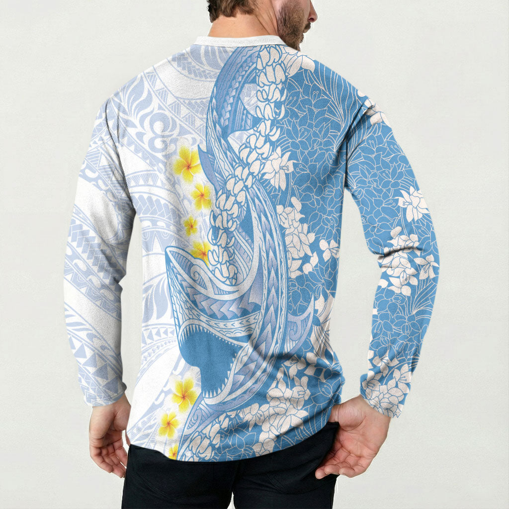 Blue Hawaii Shark Tattoo Button Sweatshirt Puakenikeni Lei Plumeria Polynesian Pattern