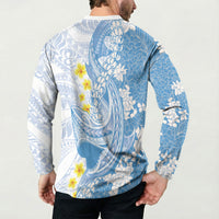 Blue Hawaii Shark Tattoo Button Sweatshirt Puakenikeni Lei Plumeria Polynesian Pattern