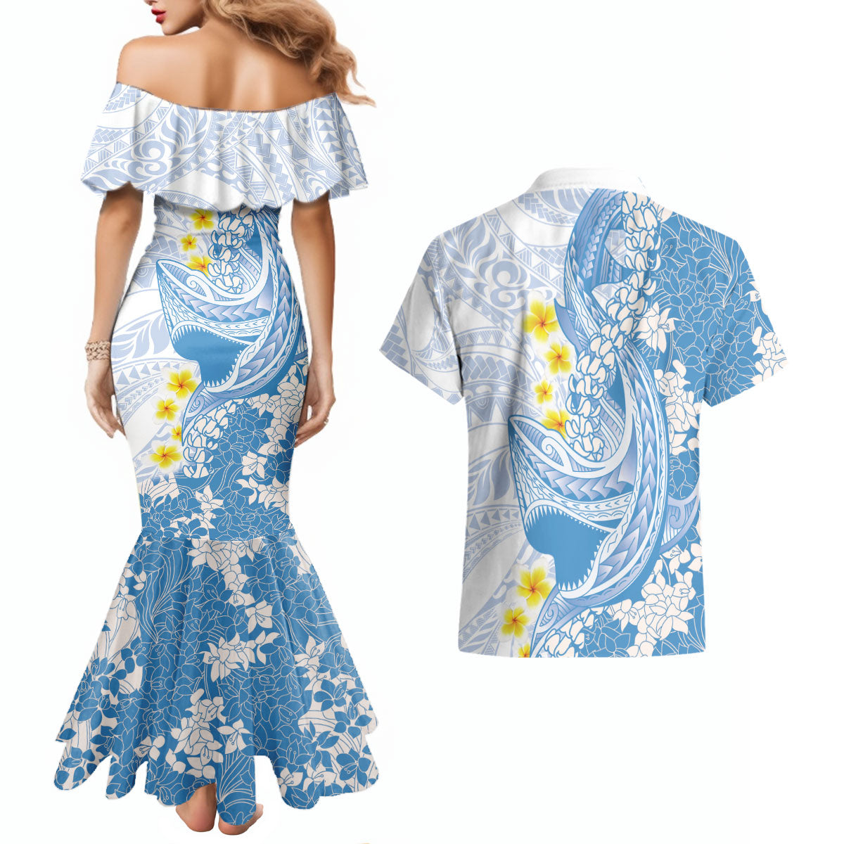 Blue Hawaii Shark Tattoo Couples Matching Mermaid Dress and Hawaiian Shirt Puakenikeni Lei Plumeria Polynesian Pattern