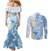 Blue Hawaii Shark Tattoo Couples Matching Mermaid Dress and Long Sleeve Button Shirt Puakenikeni Lei Plumeria Polynesian Pattern