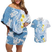 Blue Hawaii Shark Tattoo Couples Matching Off Shoulder Short Dress and Hawaiian Shirt Puakenikeni Lei Plumeria Polynesian Pattern