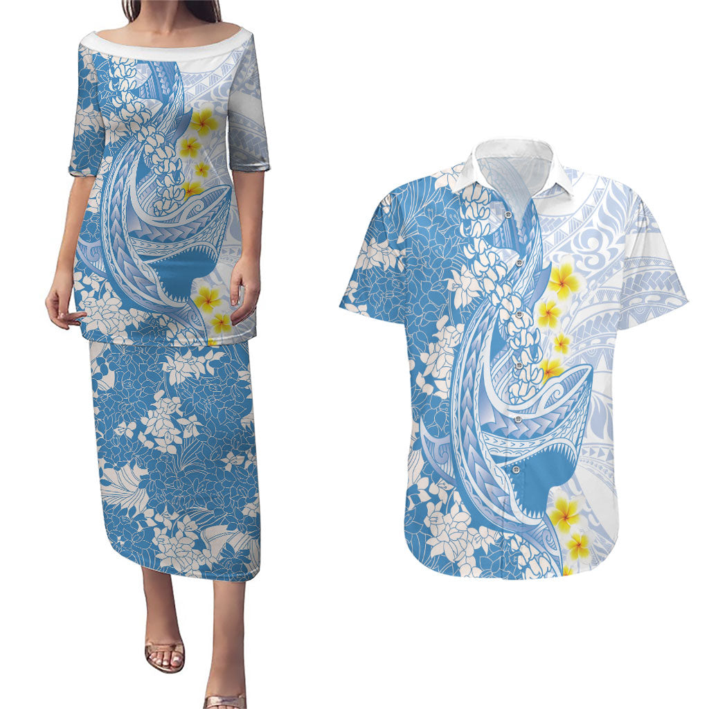 Blue Hawaii Shark Tattoo Couples Matching Puletasi and Hawaiian Shirt Puakenikeni Lei Plumeria Polynesian Pattern