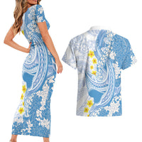 Blue Hawaii Shark Tattoo Couples Matching Short Sleeve Bodycon Dress and Hawaiian Shirt Puakenikeni Lei Plumeria Polynesian Pattern