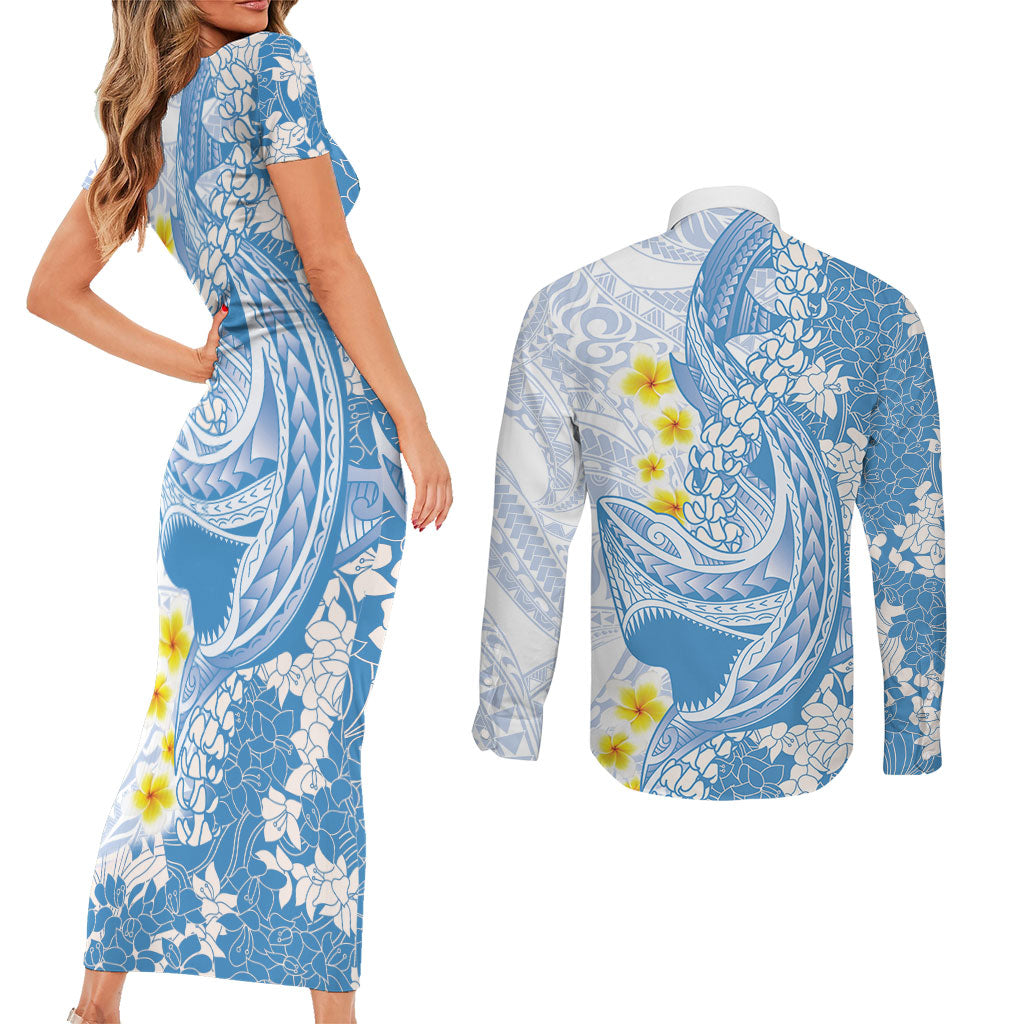 Blue Hawaii Shark Tattoo Couples Matching Short Sleeve Bodycon Dress and Long Sleeve Button Shirt Puakenikeni Lei Plumeria Polynesian Pattern