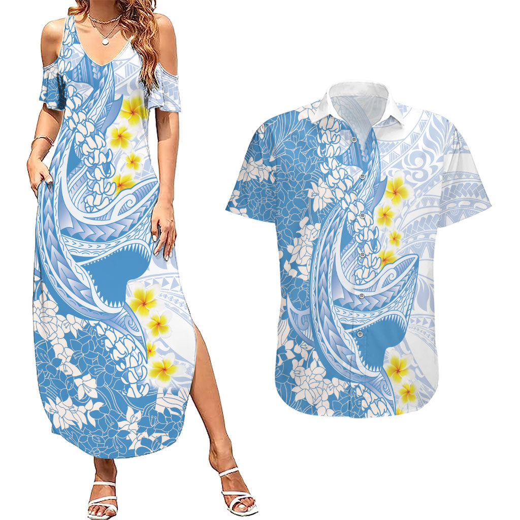 Blue Hawaii Shark Tattoo Couples Matching Summer Maxi Dress and Hawaiian Shirt Puakenikeni Lei Plumeria Polynesian Pattern