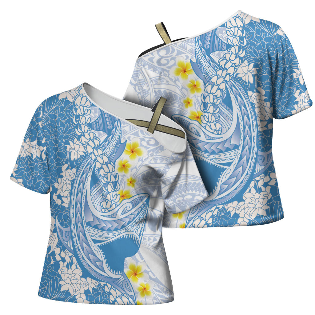 Blue Hawaii Shark Tattoo Cross Shoulder Shirt Puakenikeni Lei Plumeria Polynesian Pattern LT14 - Polynesian Pride