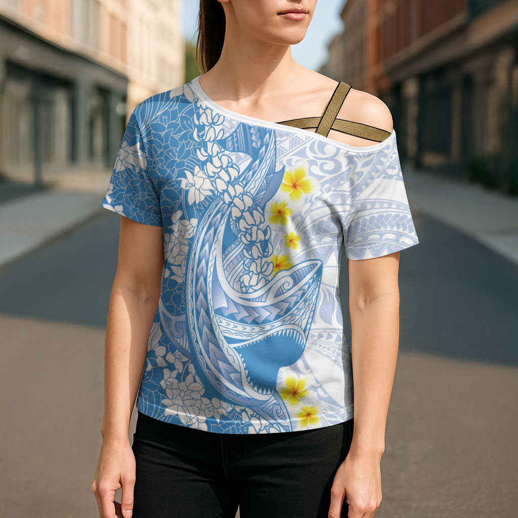 Blue Hawaii Shark Tattoo Cross Shoulder Shirt Puakenikeni Lei Plumeria Polynesian Pattern LT14 - Polynesian Pride