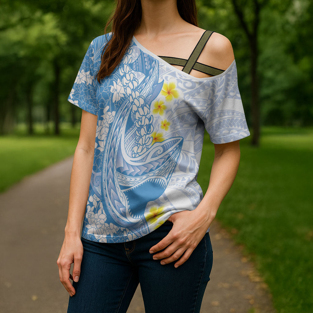 Blue Hawaii Shark Tattoo Cross Shoulder Shirt Puakenikeni Lei Plumeria Polynesian Pattern LT14 - Polynesian Pride