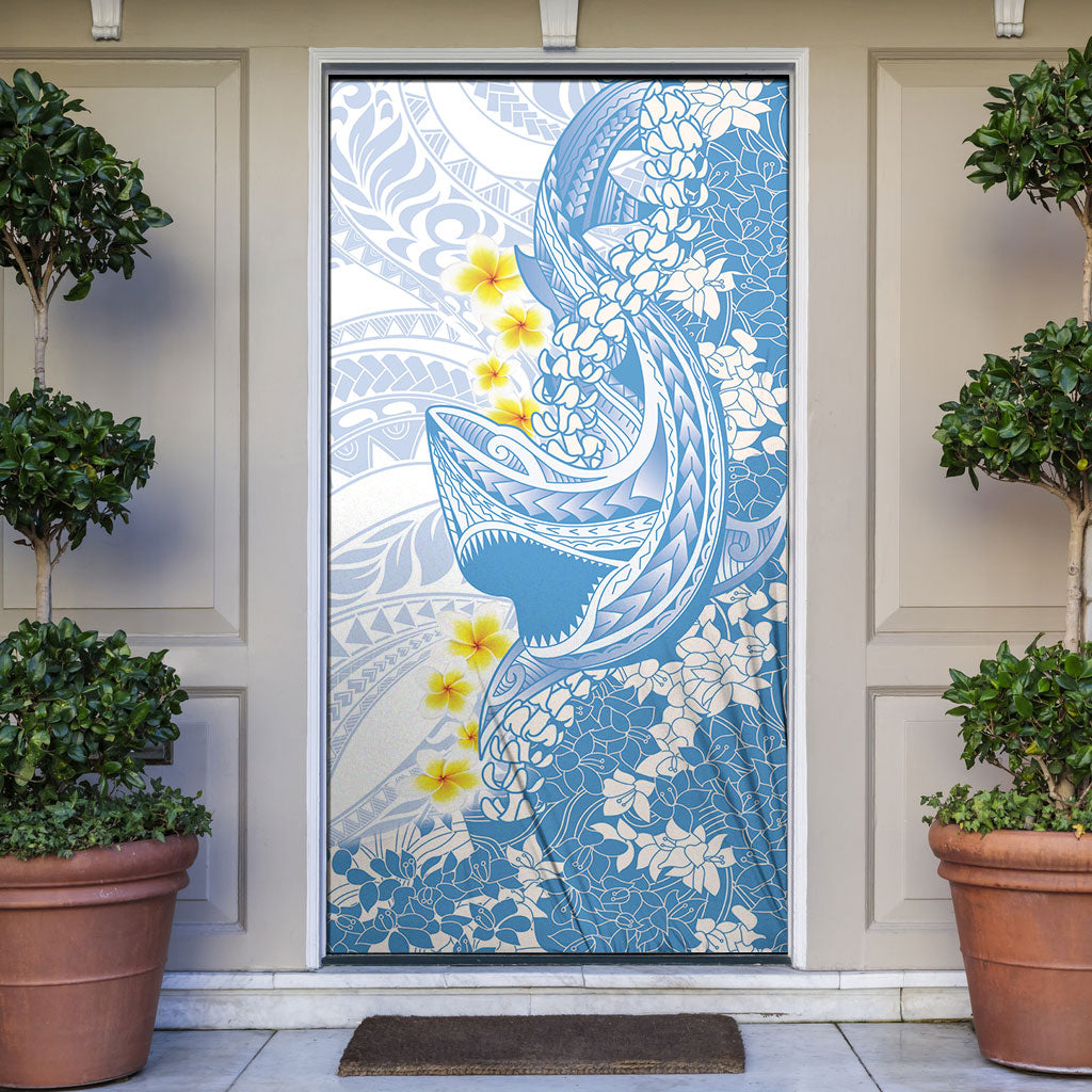 Blue Hawaii Shark Tattoo Door Cover Puakenikeni Lei Plumeria Polynesian Pattern LT14 Blue - Polynesian Pride