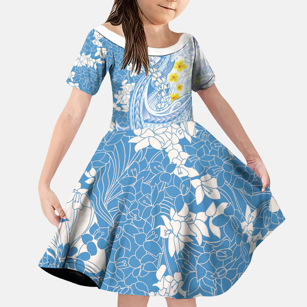 Blue Hawaii Shark Tattoo Family Matching Long Sleeve Bodycon Dress and Hawaiian Shirt Puakenikeni Lei Plumeria Polynesian Pattern