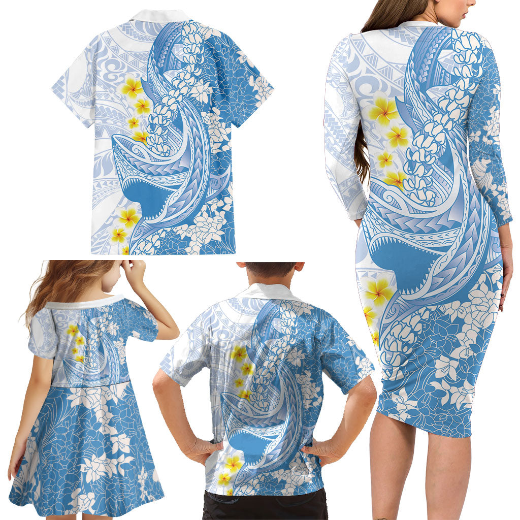 Blue Hawaii Shark Tattoo Family Matching Long Sleeve Bodycon Dress and Hawaiian Shirt Puakenikeni Lei Plumeria Polynesian Pattern