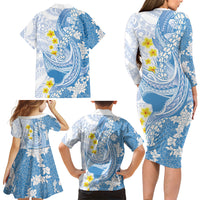 Blue Hawaii Shark Tattoo Family Matching Long Sleeve Bodycon Dress and Hawaiian Shirt Puakenikeni Lei Plumeria Polynesian Pattern