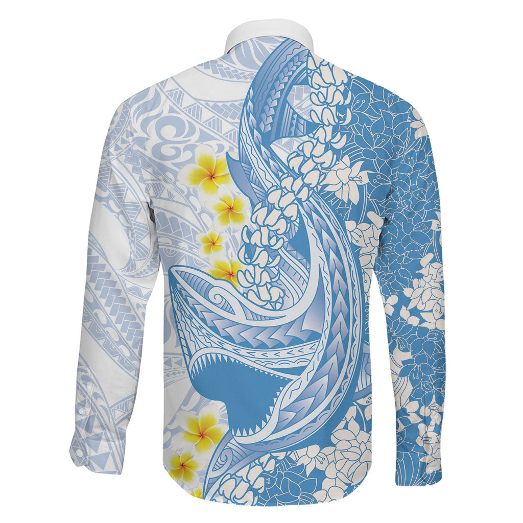 Blue Hawaii Shark Tattoo Family Matching Long Sleeve Bodycon Dress and Hawaiian Shirt Puakenikeni Lei Plumeria Polynesian Pattern