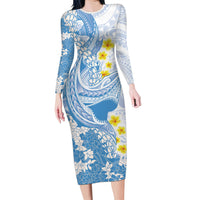 Blue Hawaii Shark Tattoo Family Matching Long Sleeve Bodycon Dress and Hawaiian Shirt Puakenikeni Lei Plumeria Polynesian Pattern