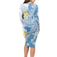 Blue Hawaii Shark Tattoo Family Matching Long Sleeve Bodycon Dress and Hawaiian Shirt Puakenikeni Lei Plumeria Polynesian Pattern