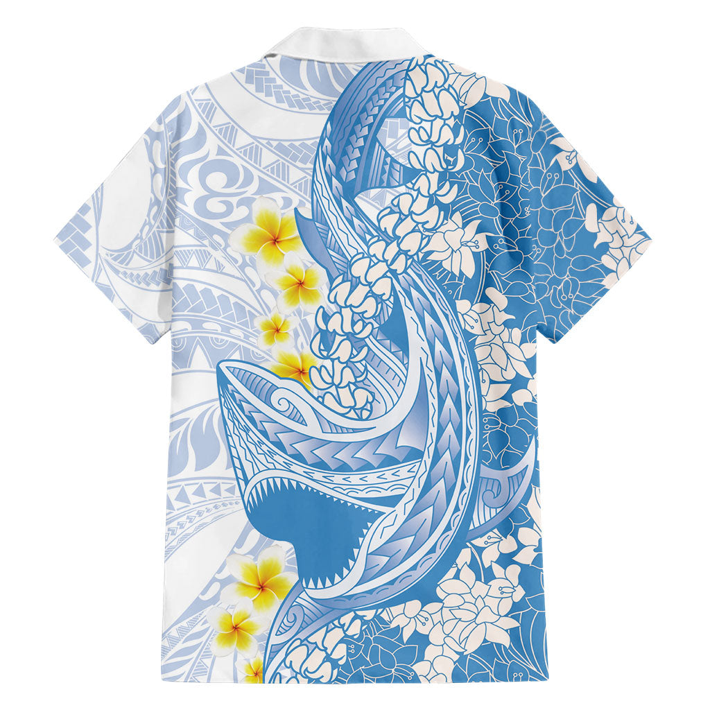 Blue Hawaii Shark Tattoo Family Matching Off The Shoulder Long Sleeve Dress and Hawaiian Shirt Puakenikeni Lei Plumeria Polynesian Pattern