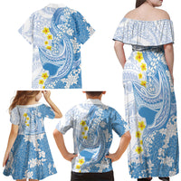 Blue Hawaii Shark Tattoo Family Matching Off Shoulder Maxi Dress and Hawaiian Shirt Puakenikeni Lei Plumeria Polynesian Pattern