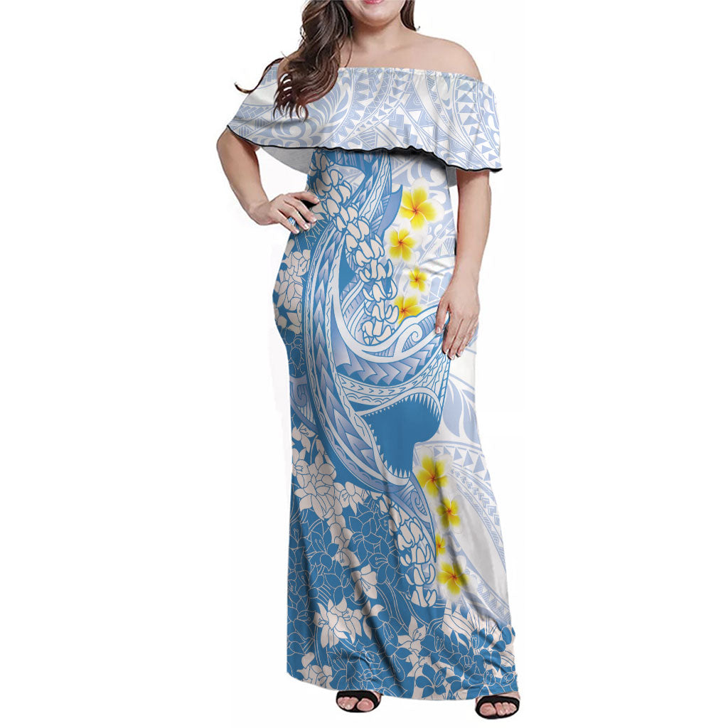 Blue Hawaii Shark Tattoo Family Matching Off Shoulder Maxi Dress and Hawaiian Shirt Puakenikeni Lei Plumeria Polynesian Pattern