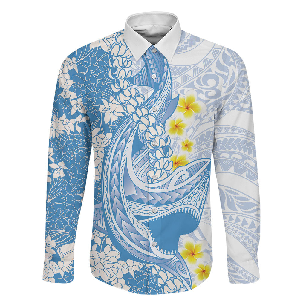 Blue Hawaii Shark Tattoo Family Matching Off Shoulder Short Dress and Hawaiian Shirt Puakenikeni Lei Plumeria Polynesian Pattern