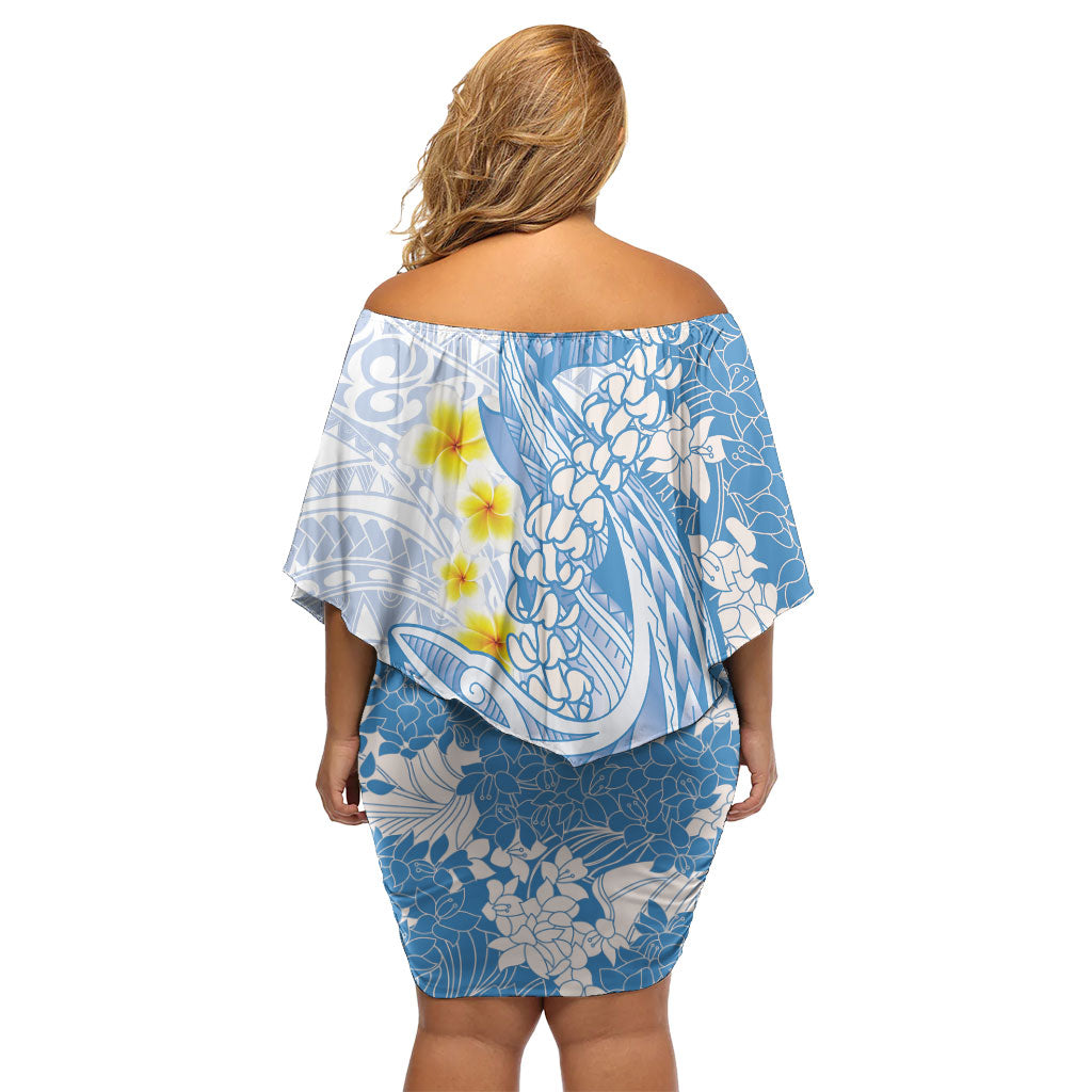 Blue Hawaii Shark Tattoo Family Matching Off Shoulder Short Dress and Hawaiian Shirt Puakenikeni Lei Plumeria Polynesian Pattern