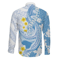 Blue Hawaii Shark Tattoo Family Matching Puletasi and Hawaiian Shirt Puakenikeni Lei Plumeria Polynesian Pattern