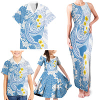 Blue Hawaii Shark Tattoo Family Matching Tank Maxi Dress and Hawaiian Shirt Puakenikeni Lei Plumeria Polynesian Pattern