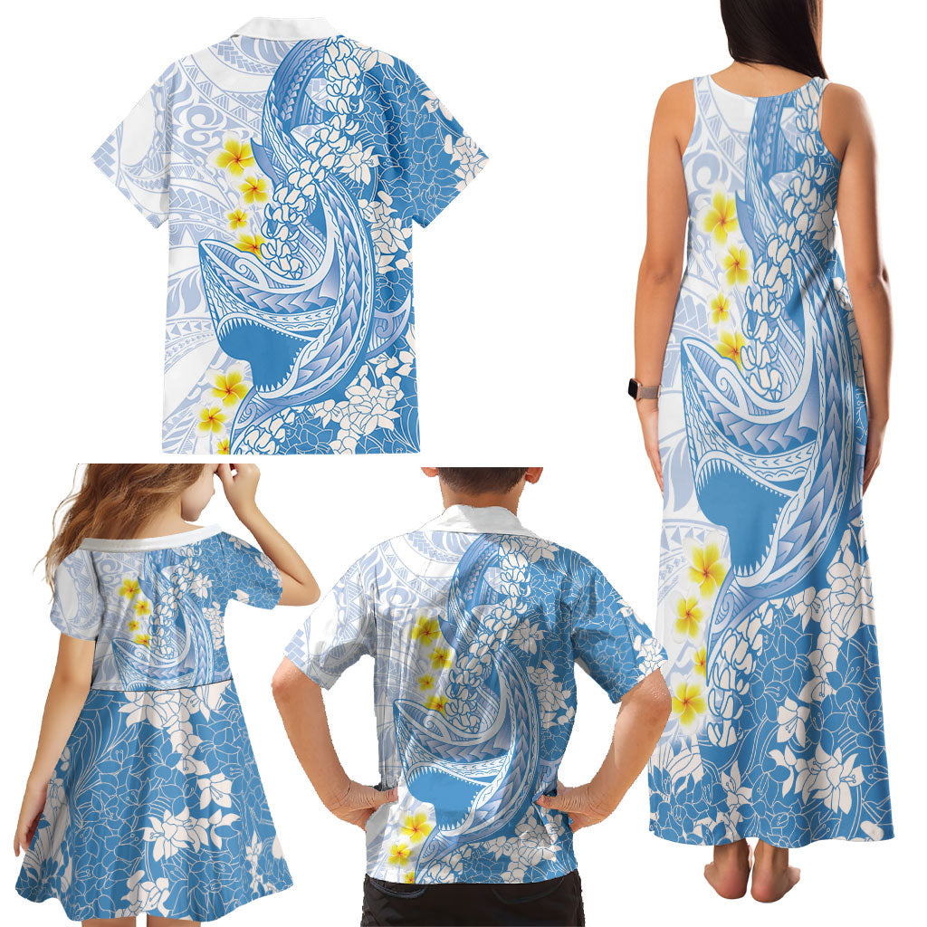 Blue Hawaii Shark Tattoo Family Matching Tank Maxi Dress and Hawaiian Shirt Puakenikeni Lei Plumeria Polynesian Pattern