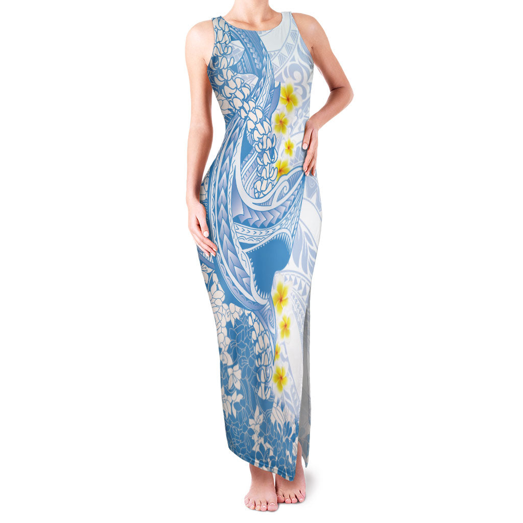 Blue Hawaii Shark Tattoo Family Matching Tank Maxi Dress and Hawaiian Shirt Puakenikeni Lei Plumeria Polynesian Pattern