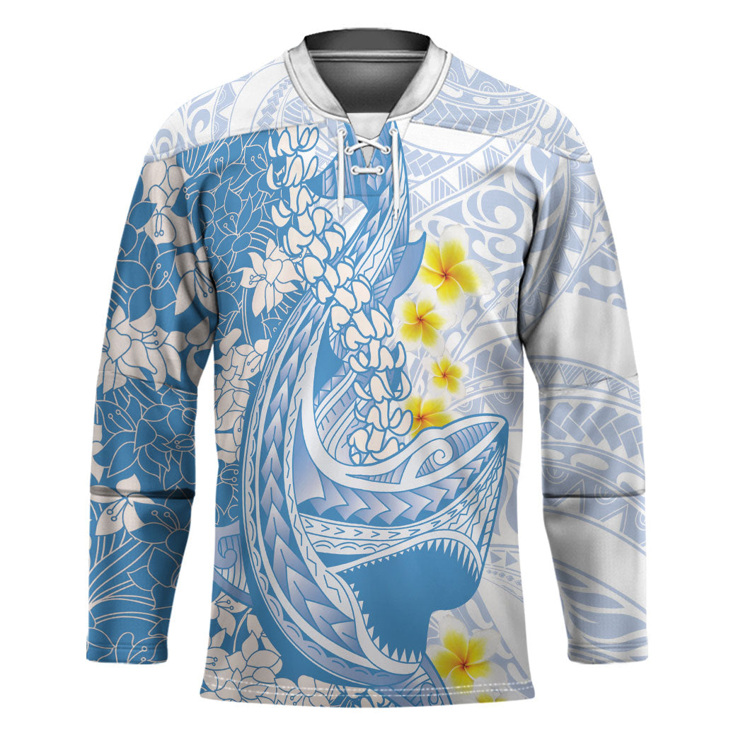 Blue Hawaii Shark Tattoo Hockey Jersey Puakenikeni Lei Plumeria Polynesian Pattern LT14 Unisex Blue - Polynesian Pride