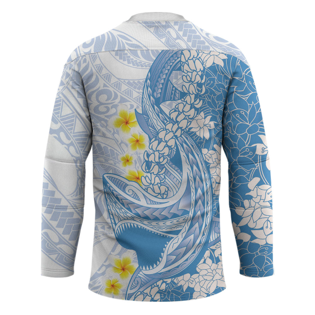 Blue Hawaii Shark Tattoo Hockey Jersey Puakenikeni Lei Plumeria Polynesian Pattern LT14 - Polynesian Pride