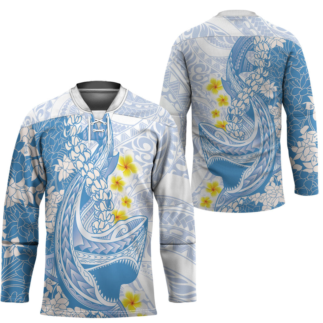 Blue Hawaii Shark Tattoo Hockey Jersey Puakenikeni Lei Plumeria Polynesian Pattern LT14 - Polynesian Pride