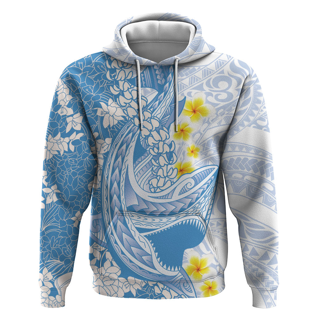 Blue Hawaii Shark Tattoo Hoodie Puakenikeni Lei Plumeria Polynesian Pattern LT14 Pullover Hoodie Blue - Polynesian Pride