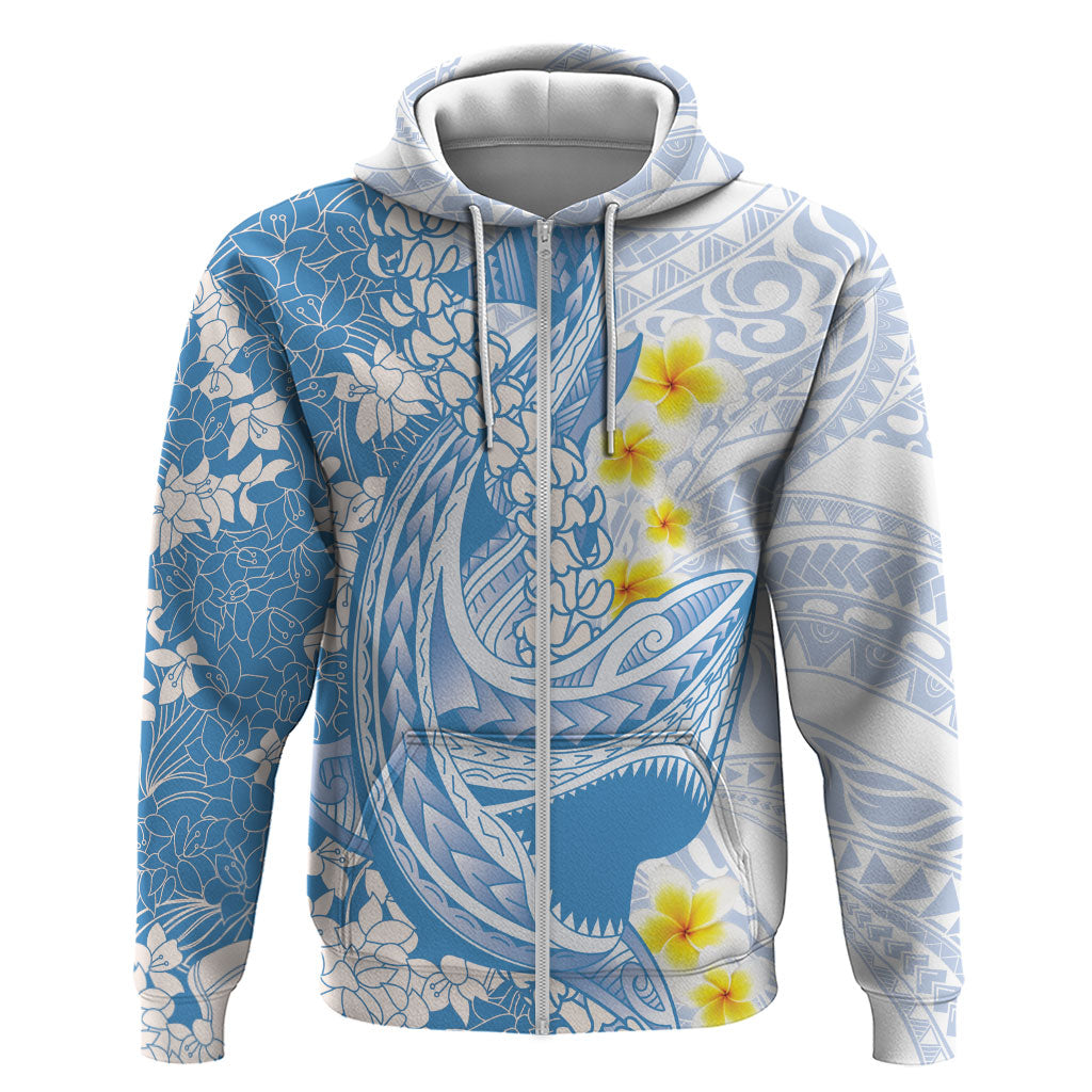 Blue Hawaii Shark Tattoo Hoodie Puakenikeni Lei Plumeria Polynesian Pattern LT14 Zip Hoodie Blue - Polynesian Pride