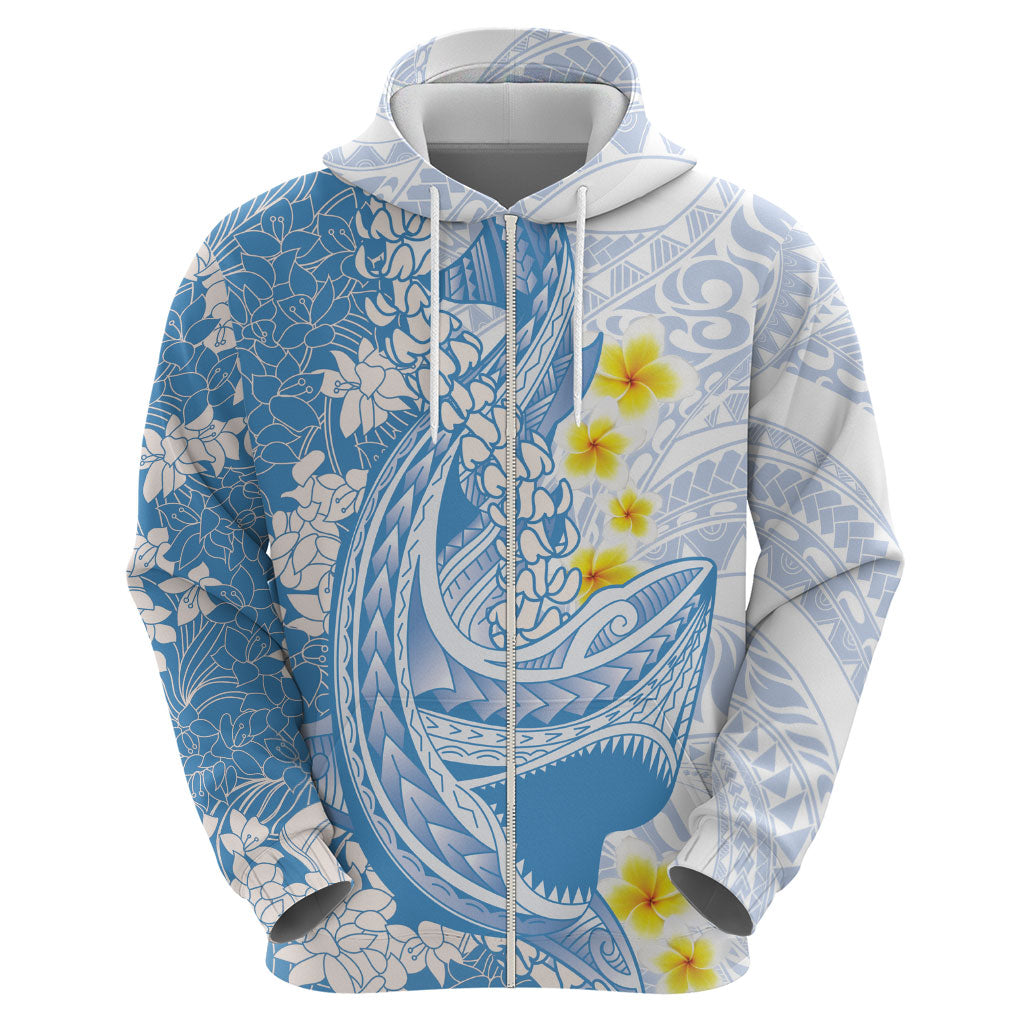 Blue Hawaii Shark Tattoo Hoodie Puakenikeni Lei Plumeria Polynesian Pattern LT14 - Polynesian Pride